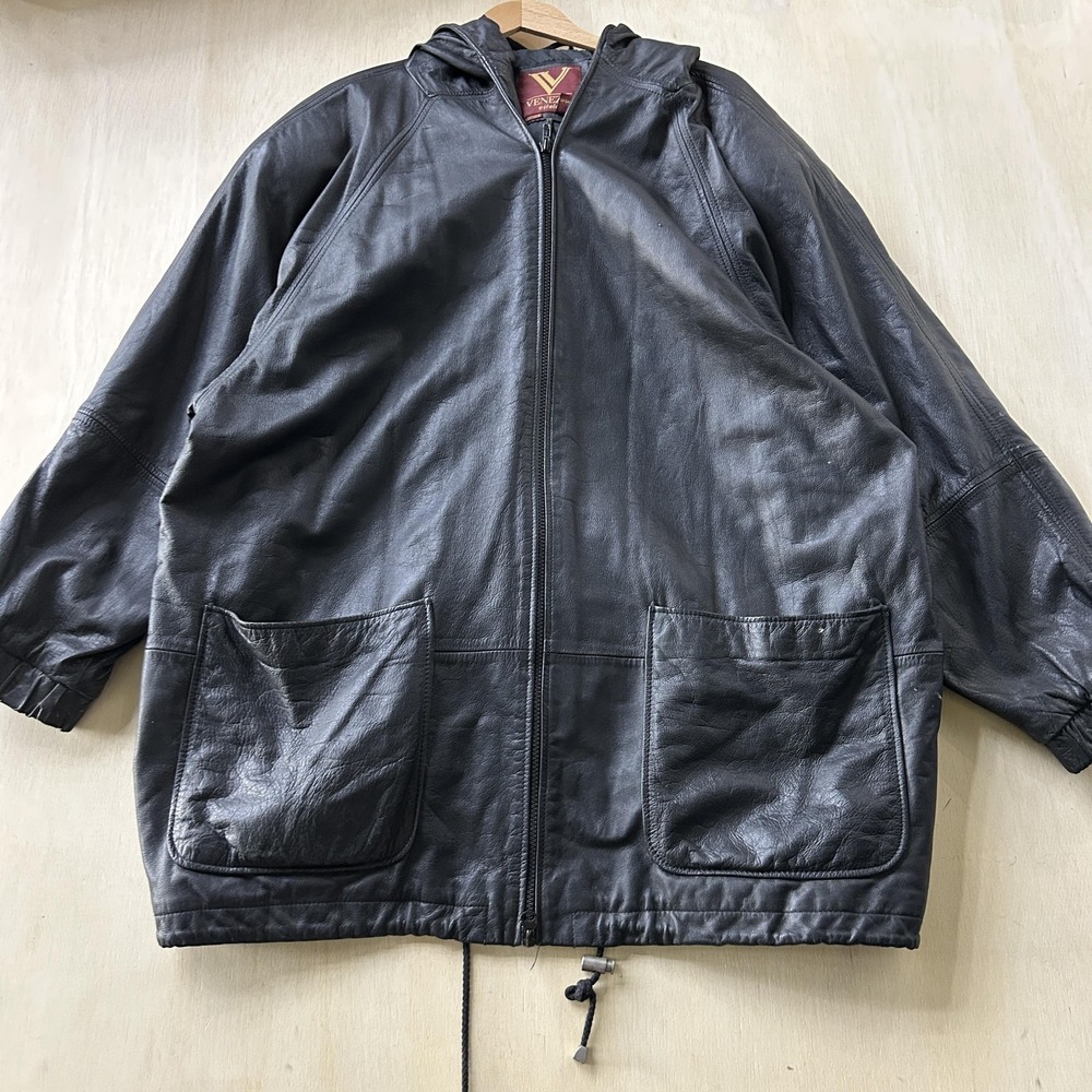 Vintage Venezia Vitale Jacket Womens 22/24 Black Leather Hooded Full Zip Parka